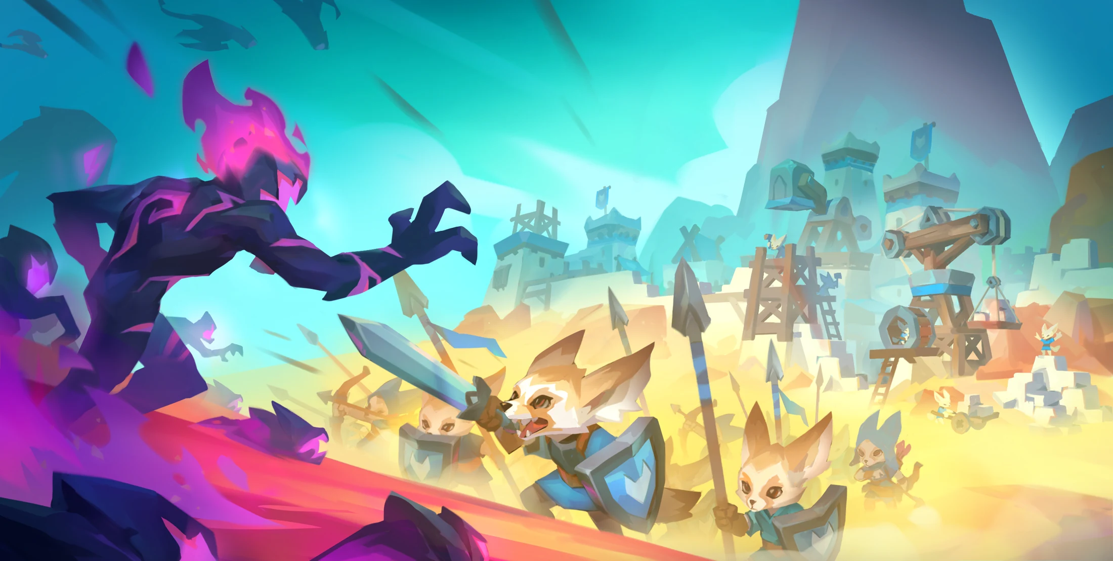 Fennec defenders protecting their sunlit desert settlement from the Corrupted.