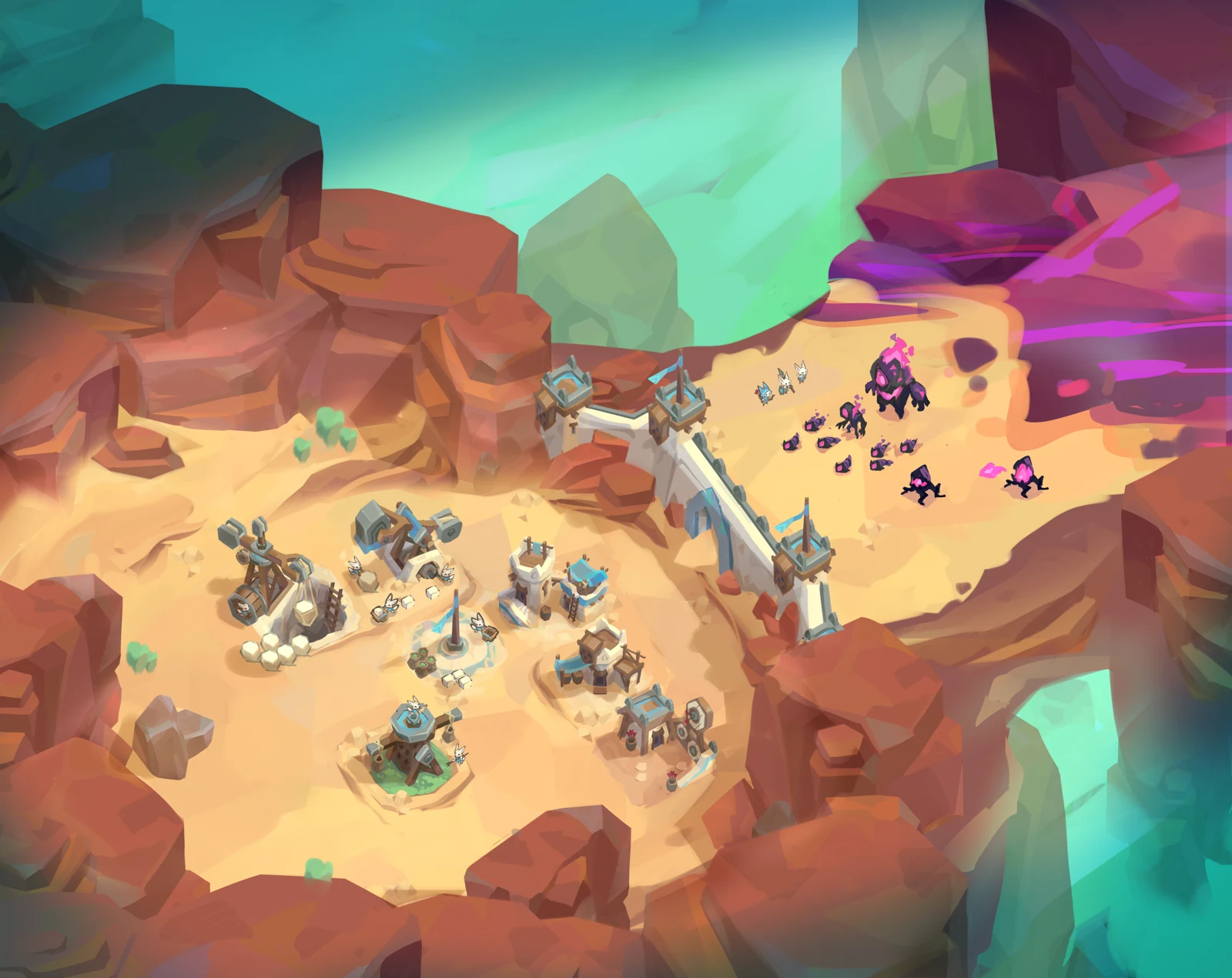 Isometric art target: a warm sandstone settlement, its Gate and bridge, and corruption advancing through a red-rock canyon.